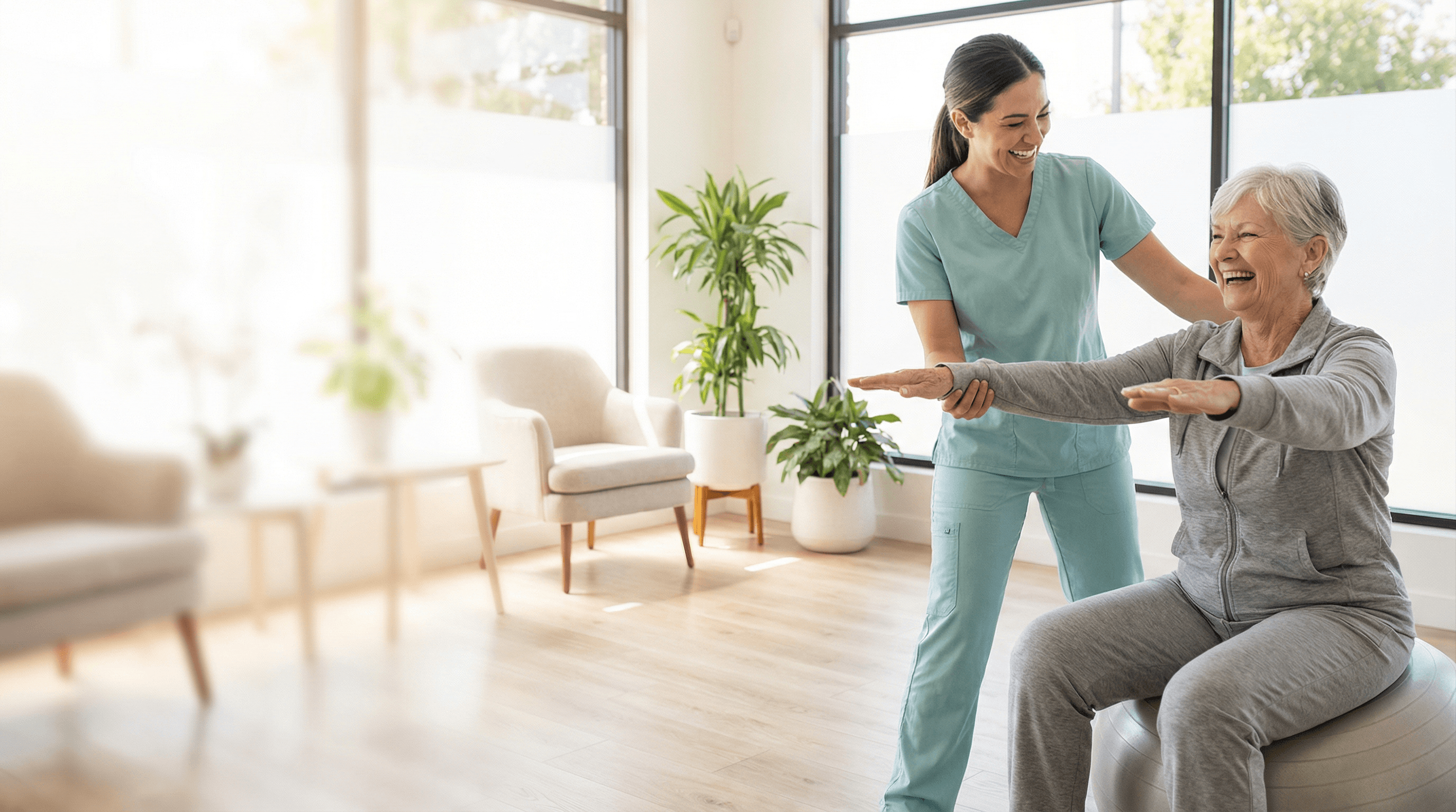 Therapist helping senior patient with balance exercises at The Gibson Center