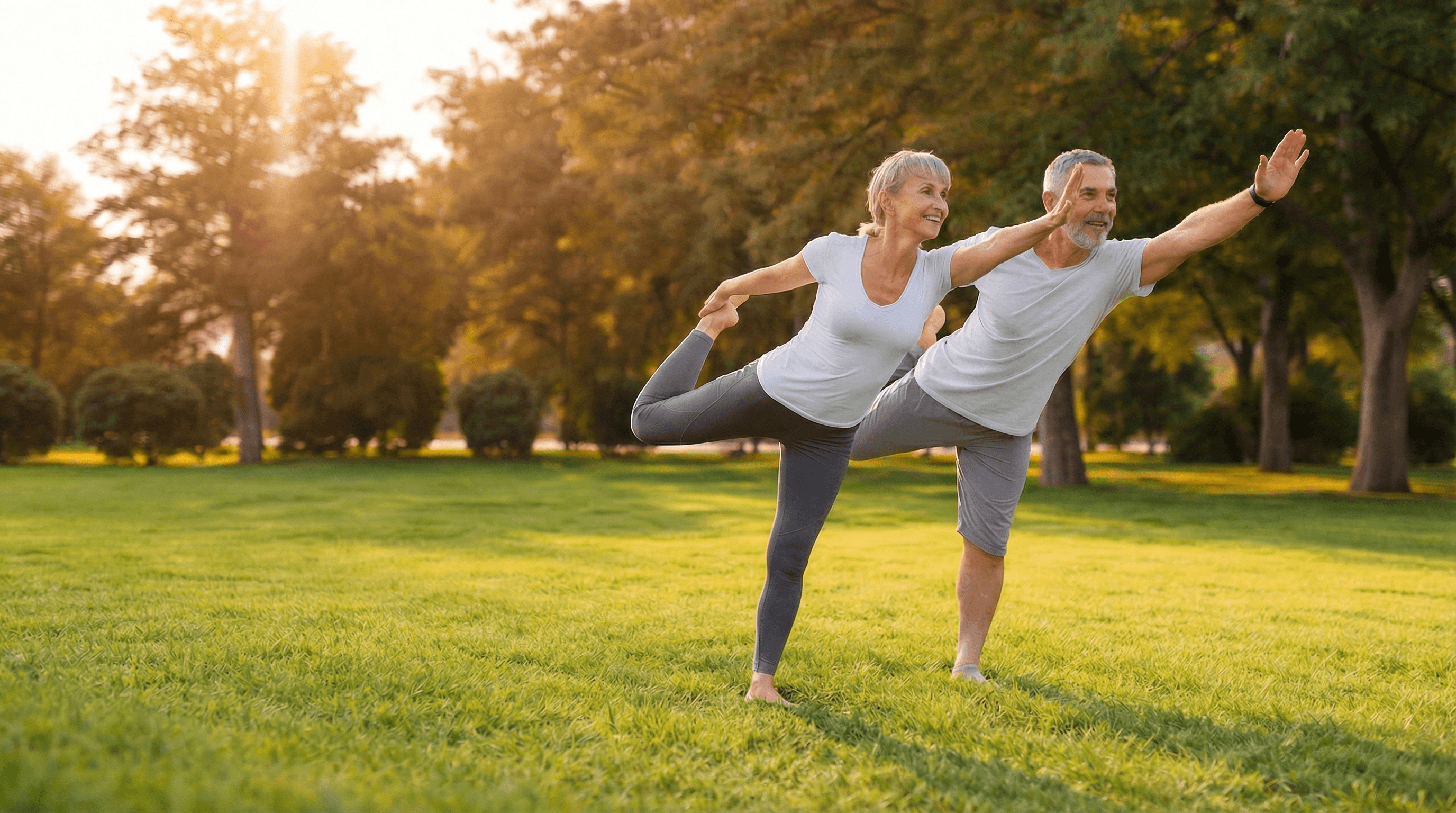 Active senior couple practicing balance exercises outdoors in a park at sunset